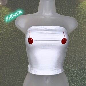 NWT Medium Red Cherry White Strapless Tube Top Stretchy Sleeveless Crop Y2k 90s